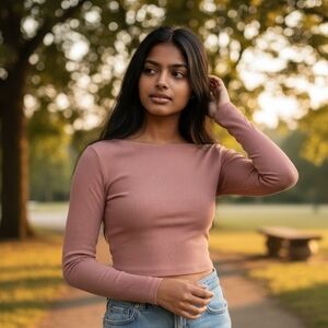 NWT Wild Fable Cropped Ribbed Long Sleeve Boat Neck Top Rose Pink XS